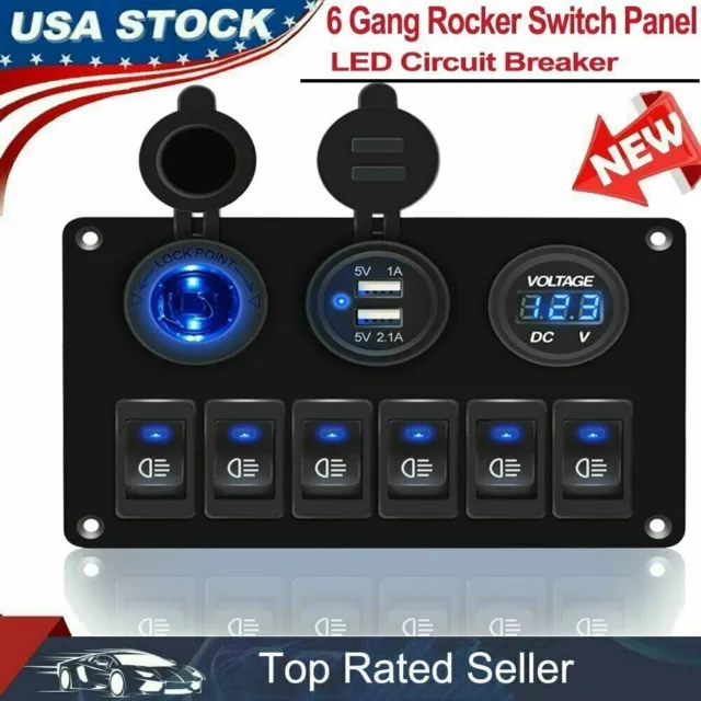 6 Gang Rocker Switch Panel Circuit Breaker LED Waterproof for RV Car Boat Marine