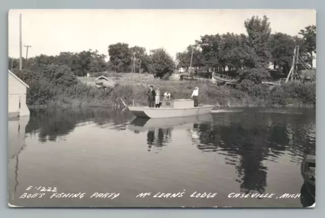 Bob's Fishing Party CASEVILLE Michigan RPPC Vintage McLean's Lodge Photo 1940s