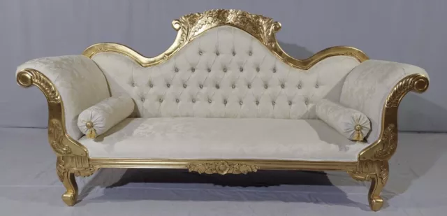 Ornate French Louis Style Gold Chaise Large Wedding Sofa Crystals Cream Ivory