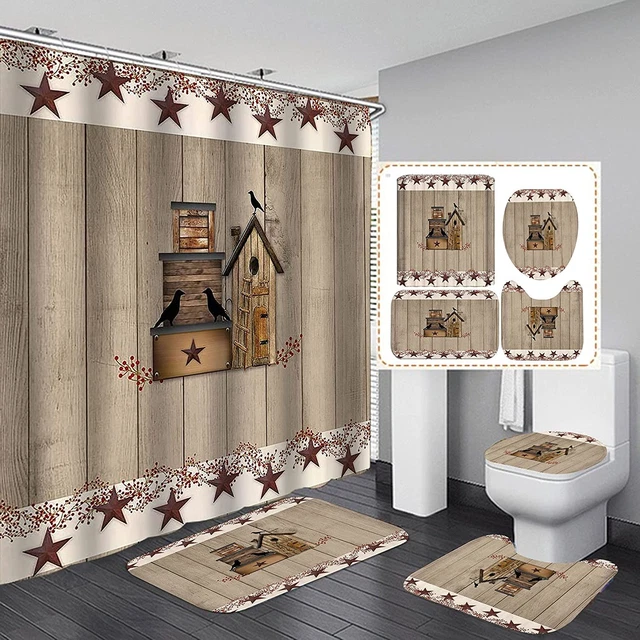 4Pcs/Set Birdhouse Shower Curtain, Vintage Primitive Pip Berry