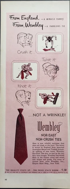 1952 Print Ad Men's Wembly Tie Nor-East Non Crush Vintage