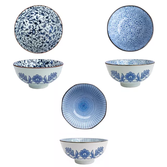 Set 3 Japanese Crockery Rice Bowl Dessert Dining Cereal Salad Soup Bowls Blue