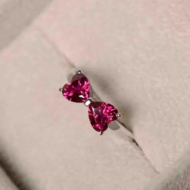 925 Silver Red Ruby Dual Heart Cut Valentine Day Engagement Gift Ring 1.00 Ct