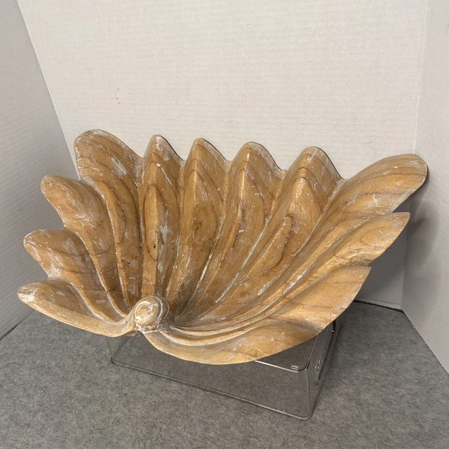Large Wood Hand Carved Nautilus Clam Shell White Wash 18x10.5x4” Ocean Theme