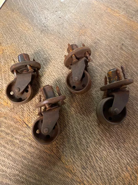 Set of 4 Early Heavy-Duty Industrial Cast Iron Casters  w/Pegs ~ HW103