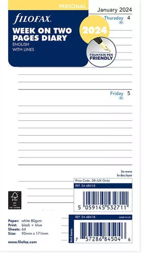 NEW Filofax - Refill 2024 - Classic Ruled Week to View - Personal Diary