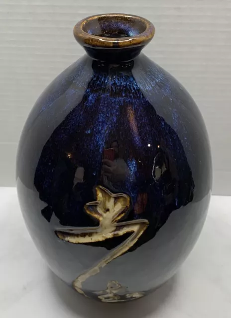 Antique Cobalt Blue Pottery Signed Floor Vase Abstract Sgraffito 12" Beautiful 3