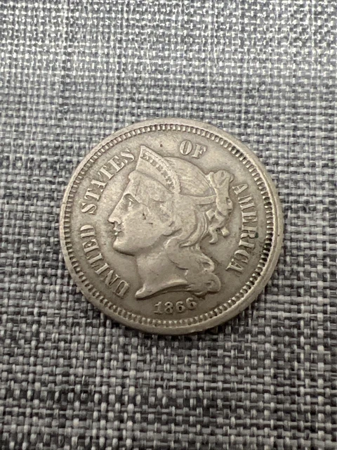1866 Liberty Head THREE CENT NICKEL 3c, Obsolete U.S. ODD TYPE Coin