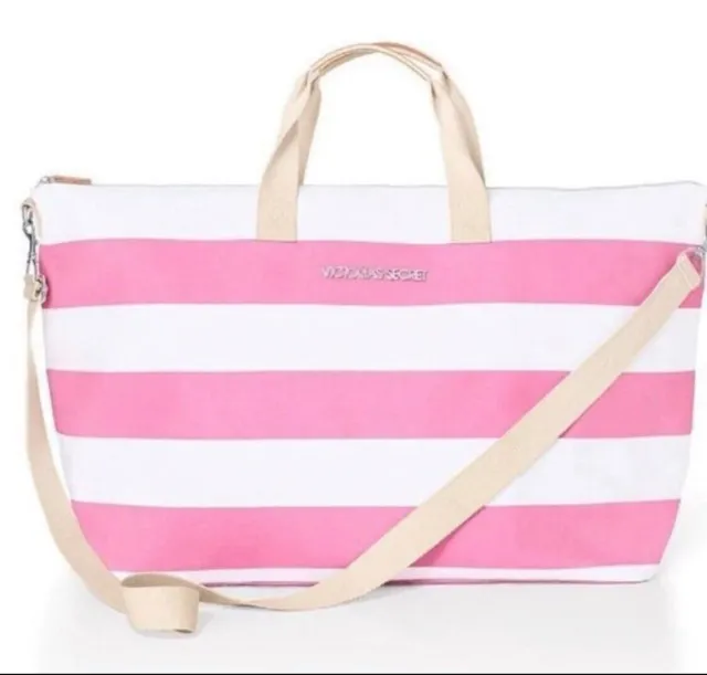 NEW Victoria’s Secret Pink and White Stripe Beach Weekender Canvas Tote Bag Big