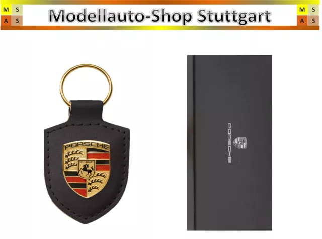 Porsche Porte-Clés Armoiries - Noir - Cuir Véritable - Fabriqué en Allemagne -