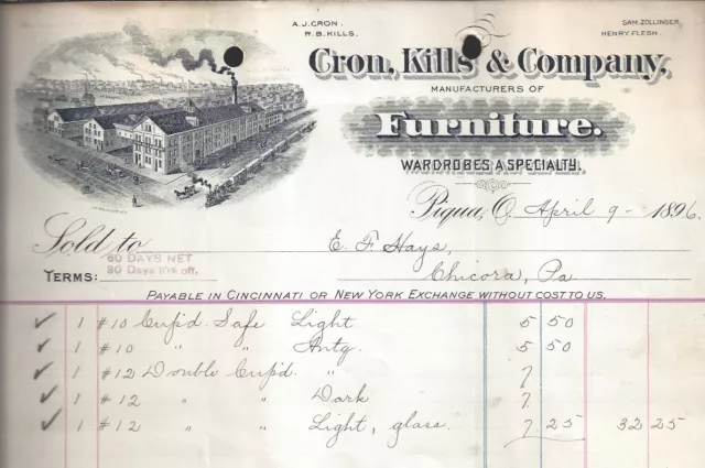 1896 Cron, Kills & Company Piqua Ohio Receipt Antique Ephemera