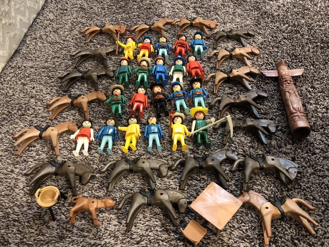 Lot 22 Figures + 18 Horses Playmobil Geobra 1974 Cowboys & Indians Totem Pole +