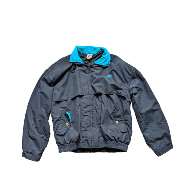 Vintage Speedo Windbreaker Jacket Black Teal Swimming Sportswear Activewear XLT