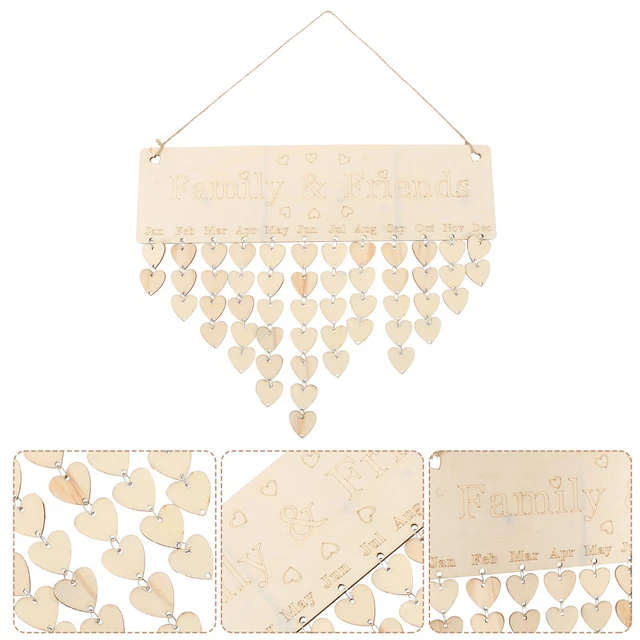 Flexzion Calendario Compleanno In Legno Da Parete - Con 50 Etichette Rotonde E A Cuore, Fai Da Te, Promemoria Famiglia - 40x12 Cm, Corda E Anelli Inclusi - 3
