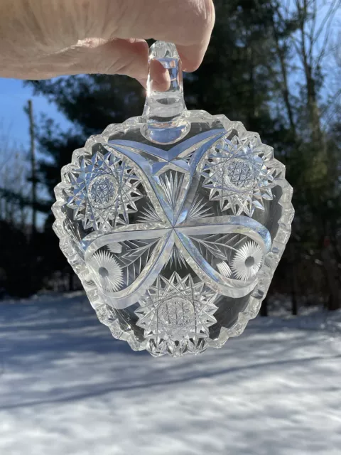 American Brilliant Period Cut Glass Hobstar & Silver Flower 5” Bonbon ABP Hawkes