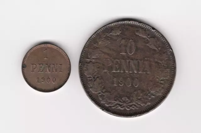 ✔ 1 Penni + 10 Pennia 1900 Finland under Russia Nicholas II original copper coin