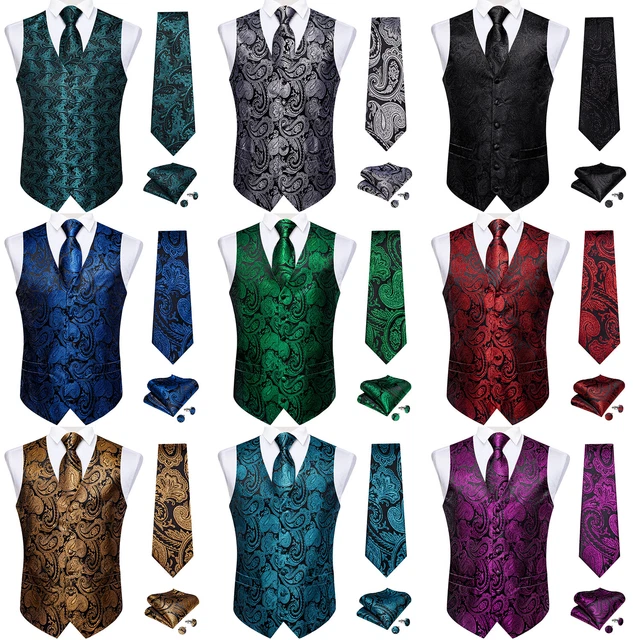 Mens Slim Waistcoat Paisley Silk Tie Set Floral Vest Formal Wedding Tuxedo Suit