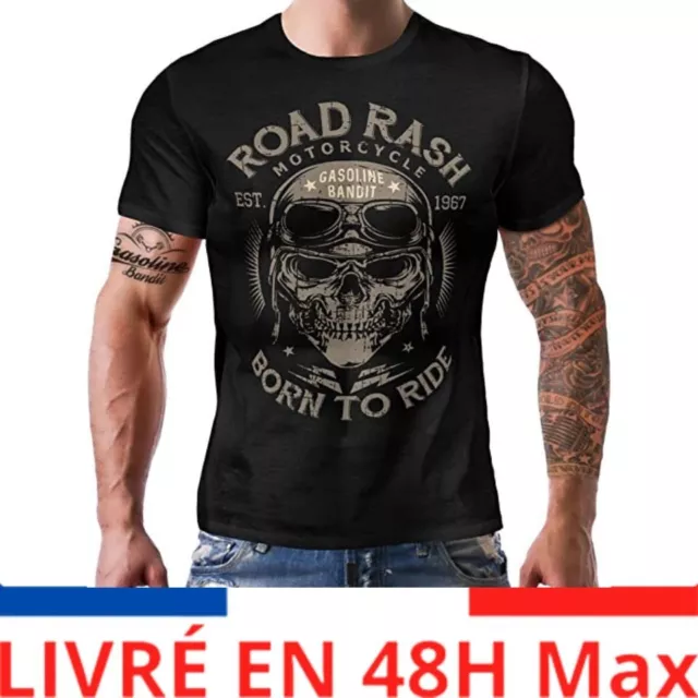 Gasoline Bandit T-shirt style biker avec inscription « Road Rash – Born to Ride