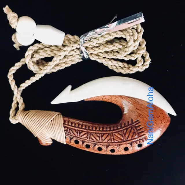 Hawaiian Jewelry Hand Carved Koa Wood Bone Fish Hook Pendant Chocker Necklace