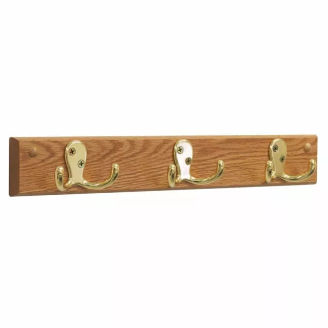 Wooden Mallet 3 Hook Wall Coat Rack Rail in Light Oak and Brass
