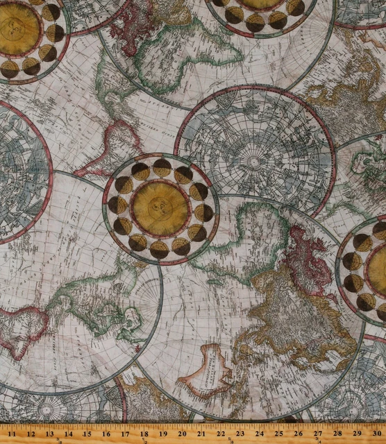 COTTON WORLD MAPS Globes Antique Vintage Astrology Fabric Print by Yard