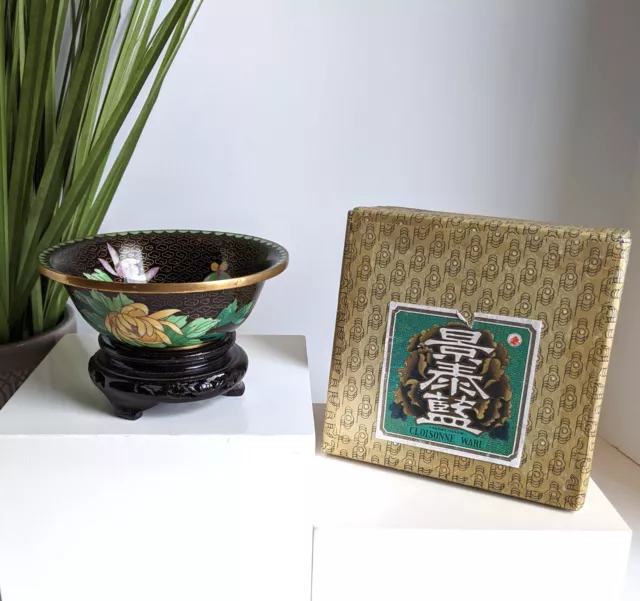 Mid Century Chinese Zi Jin Cheng Cloisonne Bowl with Brass Rims Stand & Box