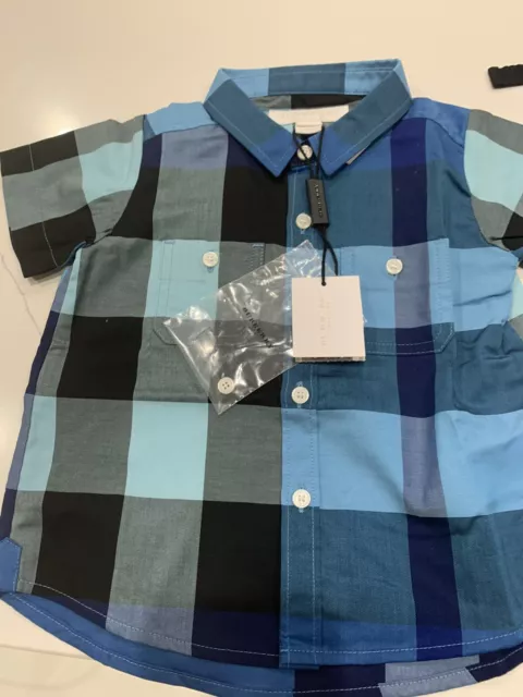 New Authentic Burberry Kids Boys MINI CAMBER Shirt Nova Plaid Check Blue 9M $110