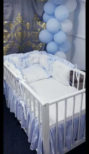 LUXURY BABY BLUE QUILTED COT BEDDING SET BOW 100% COTTON 60x120