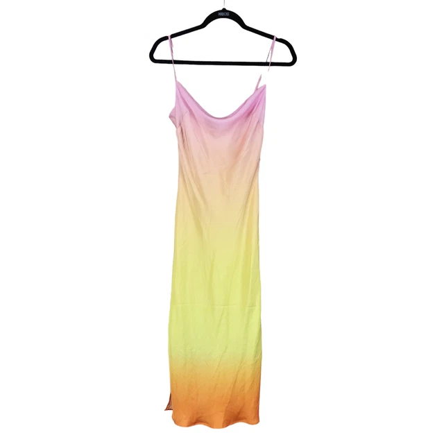 Express Slip Midi Dress Size XS Dip Dye Pink Yellow Orange Cowl Neck Ombre Y2K