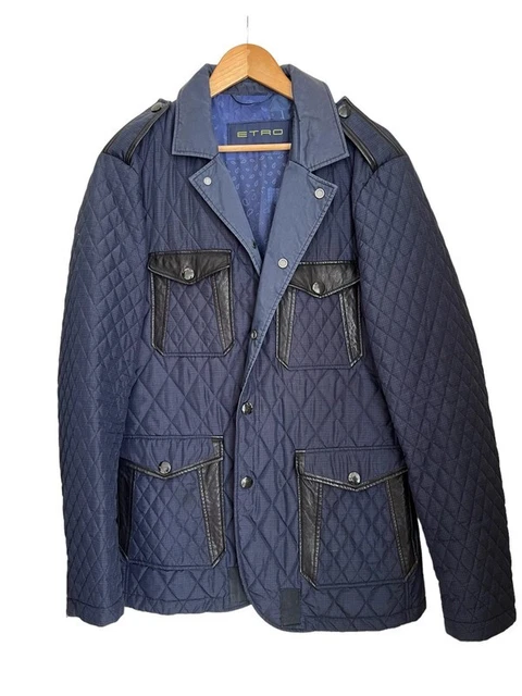 Etro Navy Blue Quilted Leather App Men Puffer Jacket Coat Size XL