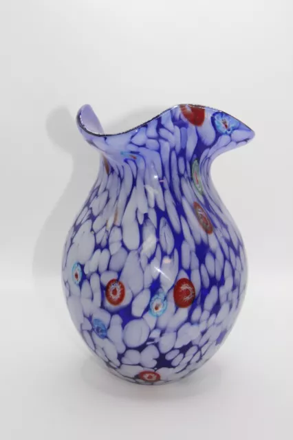 Hand Blown Murano Style Millefiori Cobalt Blue Cased Art Glass Vase