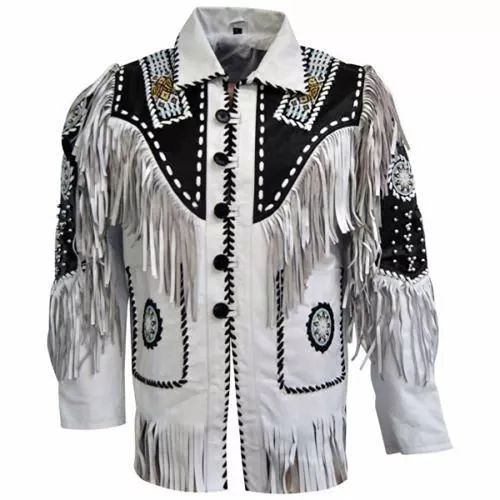 Giacca da uomo in pelle scamosciata cappotto western frange perline stile indiano americano anni '80