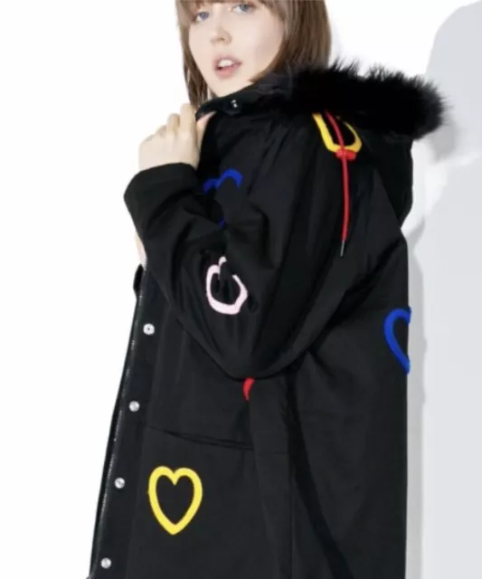 Lazy Oaf Fleece Lined Black Hearts Parka Coat Jacket  Hood One Size