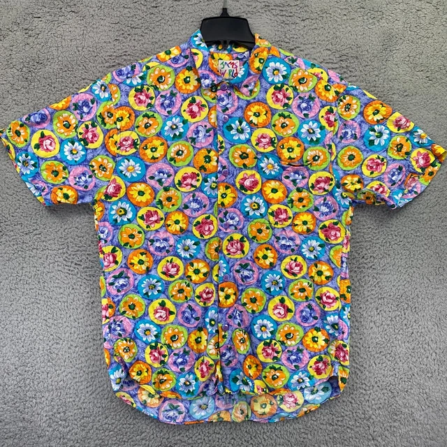 Jams World Mens Hawaiian Shirt Medium Colorful Floral Flowers Rayon Bright