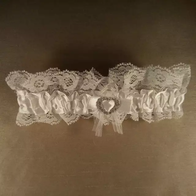 Wedding Garter Bride Bridal - Lace - White - Diamante Heart