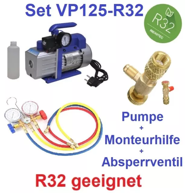 Set: Vakuumpumpe Klimaanlage 70 L/min, R32 geeignet+Monteurhilfe+Absperrventil