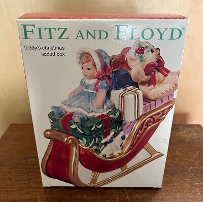 Fitz And Floyd Teddys Christmas Lidded Box Novelty Knick Knack 2003 Sleigh 