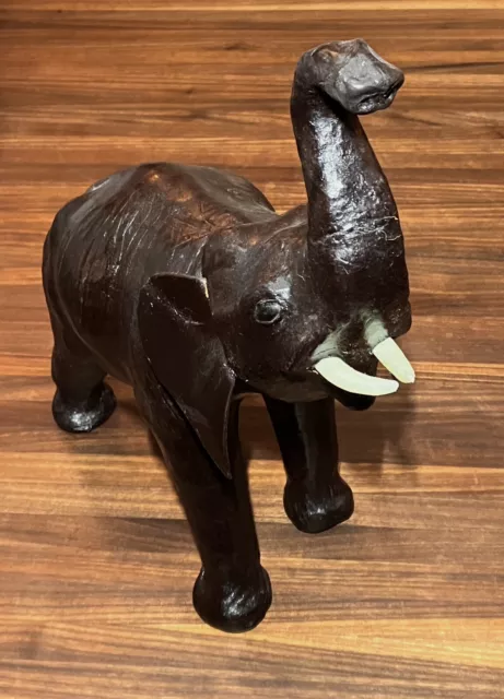 Elephant, Large 14.5 In Leather wrapped, Glass Eyes, Hand Made, Trunk Up, Decor