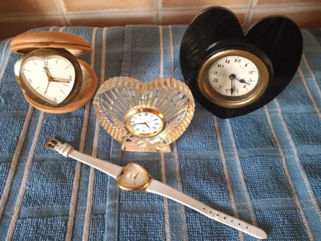 Clock Job Lot. 3 Heart Shaped Clocks 1 Heart Shaped Watch. All Working Fine.