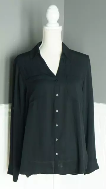 Express Portofino Shirt Womens Size L Black Long Sleeve Roll Tab Pockets