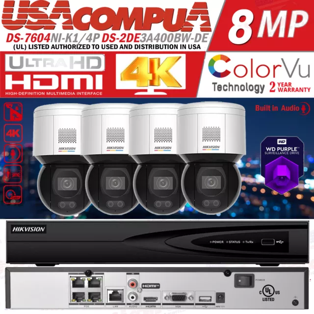 Hikvision 4CH 4PoE NVR 4K 4MP PTZ 4X Digital Zoom Security IP ColorVu Camera Lot