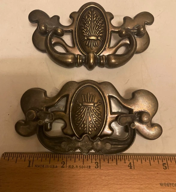 Vintage Architectural Salvage Brass Tone Drawer Pulls Pair of Swirl Handles 5”W