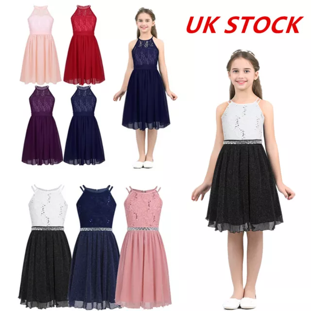 UK Girl Princess Long Dress Kid Floral Lace Pageant Wedding Bridesmaid Maxi Gown