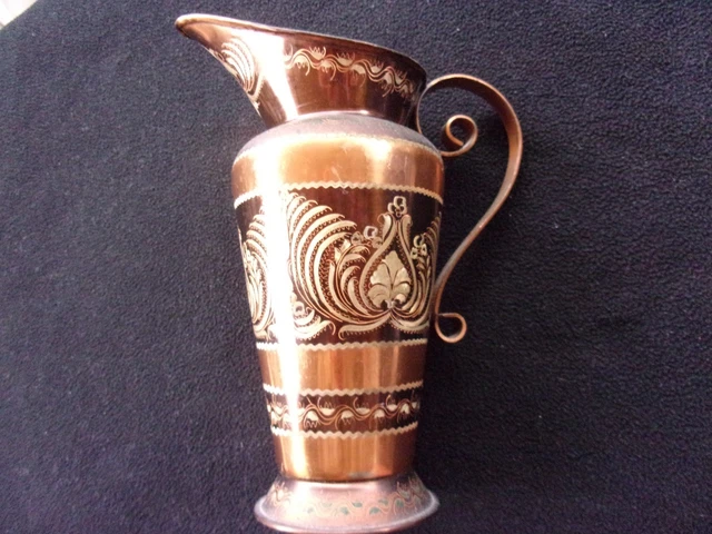 Vintage copper and brass grecian style etched water pitcher, preowned free ship