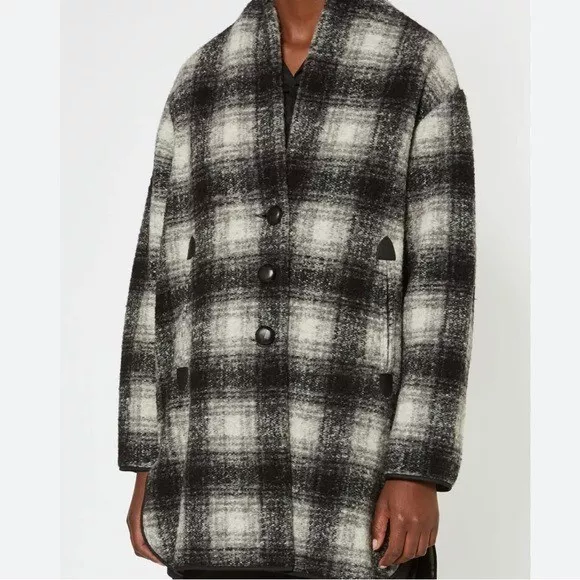 Isabel Marant Etoile Gabrie Plaid Checkered Wool Blend Coat Black White Large