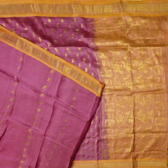 Vintage Viola Sari 100% Pura Seta Zari Cucito a Mano Festive 4.6m Craft Tessuto