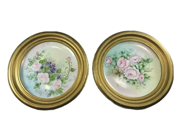 Pair VTG 12" Hand Painted Plates Porcelain Decorative Floral Signed Framed 1960