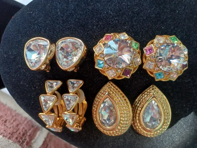 Vintage Signed Ysl Yves Saint Laurent Swarovski Rhinestone Gold Tn Earrings Lot