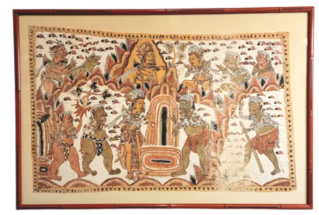Vintage Balinese Textile Cloth Painting Kamasan Mahabarata Frame Red Bamboo