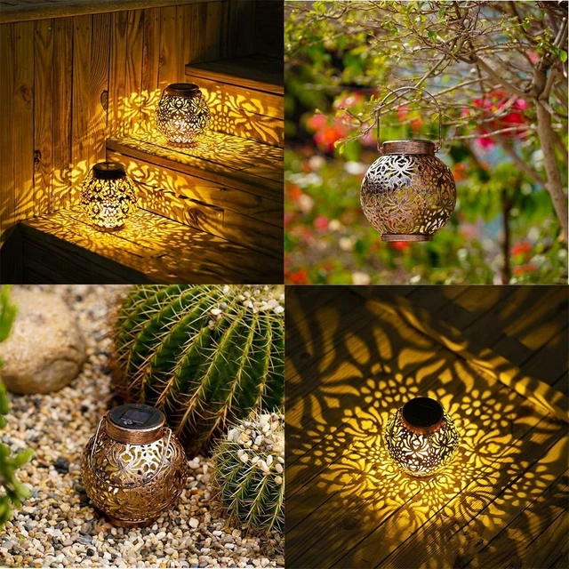 Iron Yard Decor LED Lamp Solar Powered Light Hollow Out Morrocan Lantern